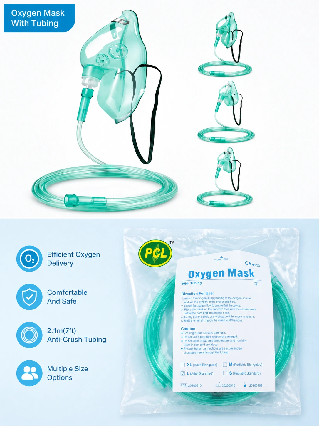 Oxygen Mask With Tubing – Adult & Child Sizes